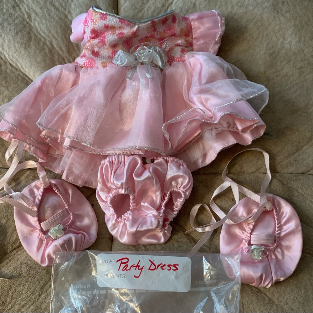 Build a bear party dress with fancy top, bloomers, and shoes